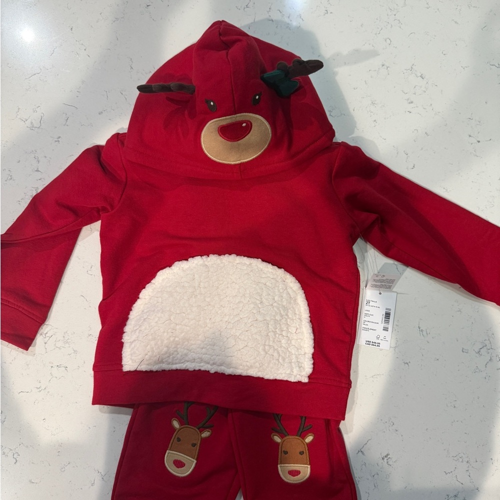 The Children's Place Red Reindeer Hoodie Set- Christmas outfit. Toddler boy 2T